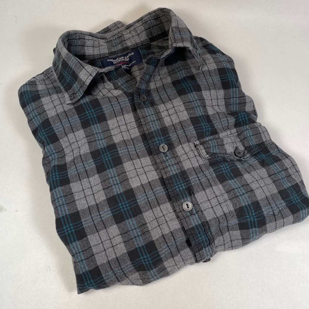 American Eagle Black Teal Flannel Plaid